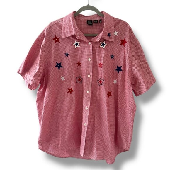 Vintage Quizz Red Gingham Button Up Shirt Women's Plus Size 22 Embroidered Stars - Picture 1 of 16